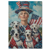 Woman in Patriotic Attire with Four Dalmatian Puppies and American Flag on Ready to Hang 1.5" Thick Canvas Wrap, Floating Framed Canvas, Flat Rolled Canvas